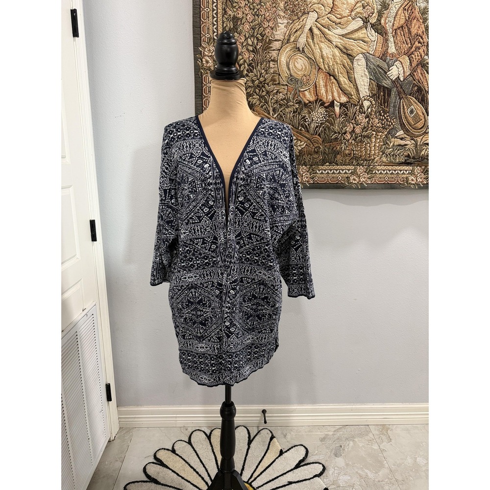 Chico's Cardigan Womens Large Blue White Open Front Cotton 3/4 Sleeve Boho Print